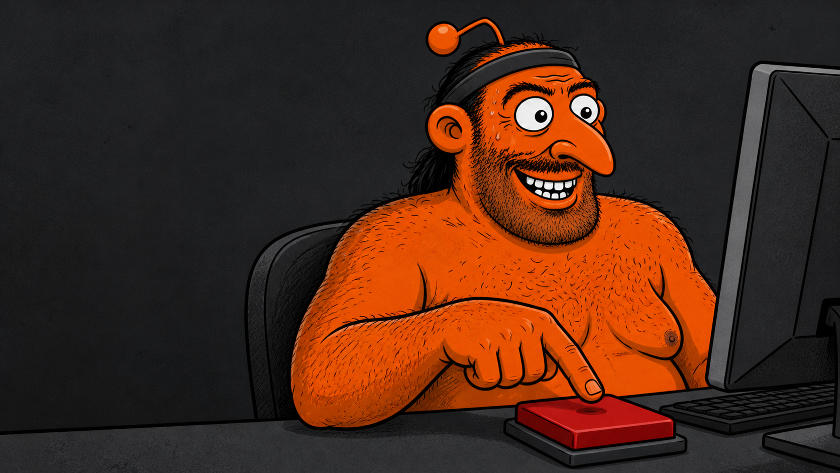 Orange trader reaching for the sell button
